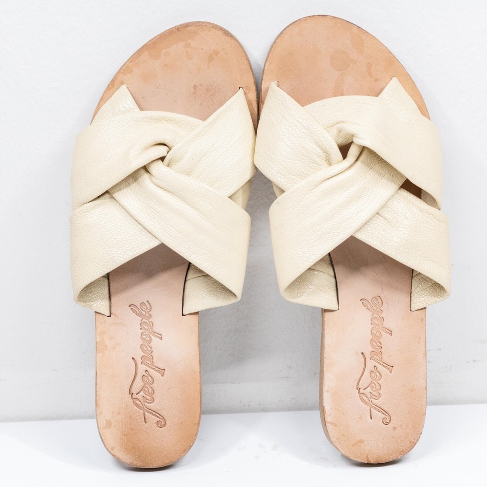 FREE PEOPLE Leather Twisted Knot Slide Sandals Cream Minimalist Sz 37